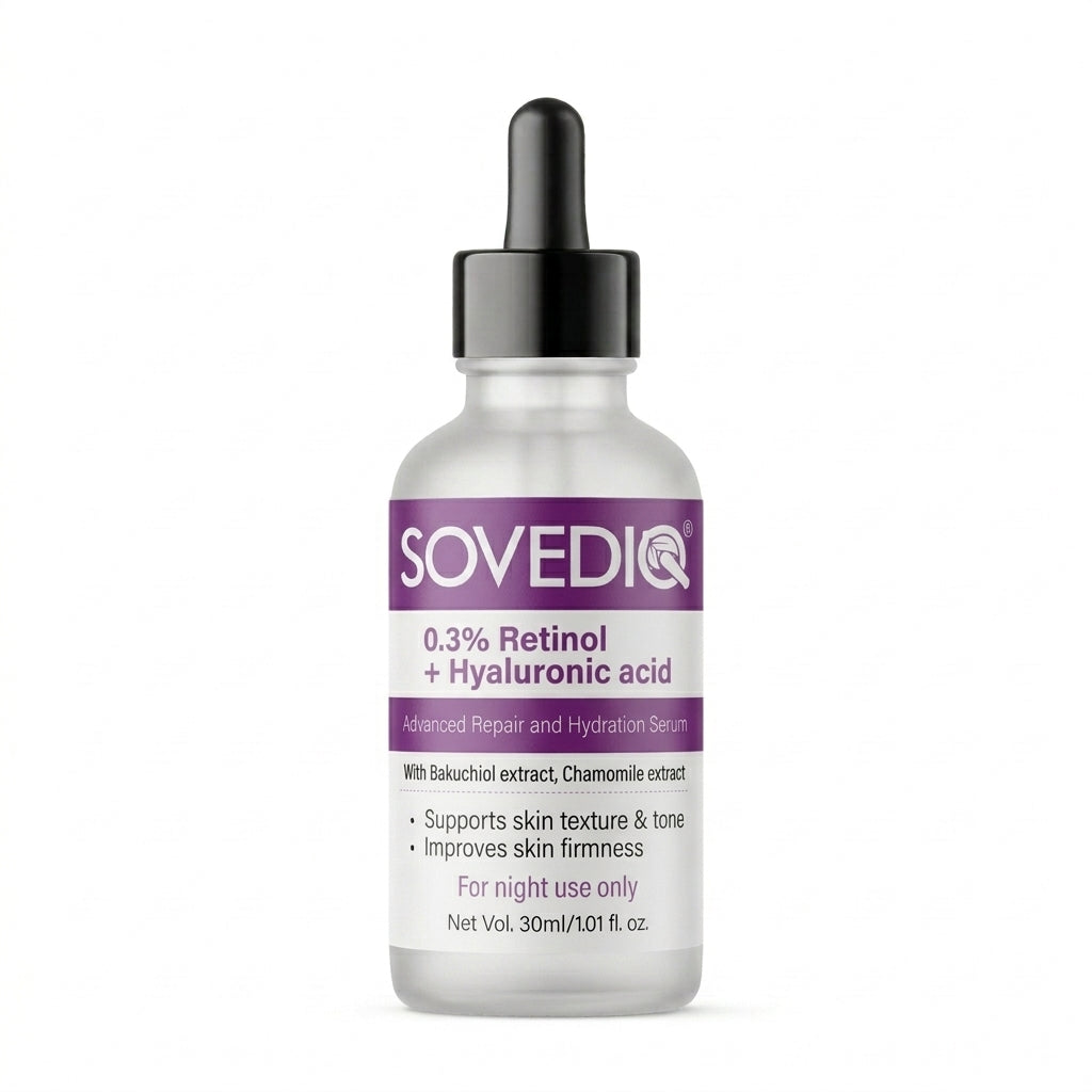 Sovediq skincare serum bottle with dropper 